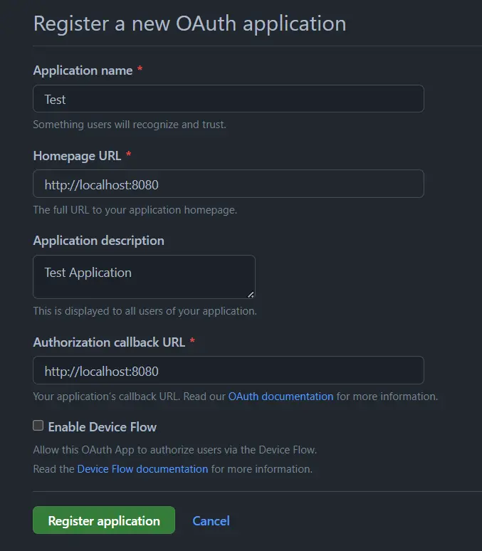 Register new OAuth Application